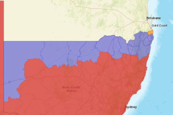 The border zones are highlighted in purple (New South Wales zone) and orange (Queensland zone). Map: Queensland Health
