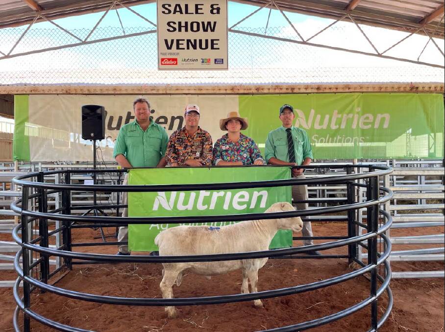 Top White Dorper ram Amarula 232553 with Nutrien's Gus Foott, vendor Justin Kirkby and his son Flynn, Amarula, Gravesend, and Nutrien's Alex Stirton. Picture supplied by Colby Ede