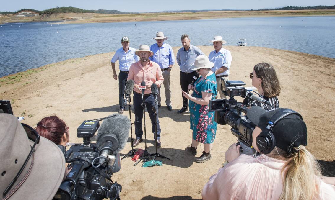 At the mic: NSW Water Minister Niall Blair addresses reporters at Lake Keepit near Tamworth on Tuesday morning. Picture: NORTHERN DAILY LEADER