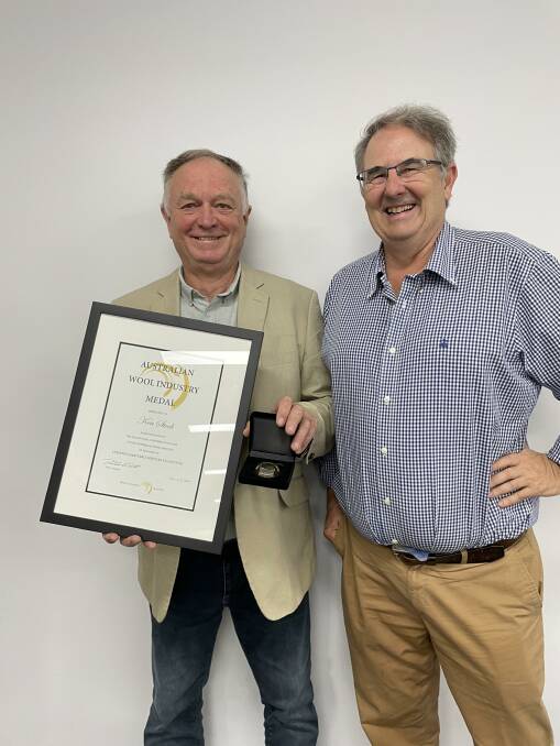 Australian Wool Industry Medal recipient Ken Stock with WIA deputy chairman Michael Jackson.