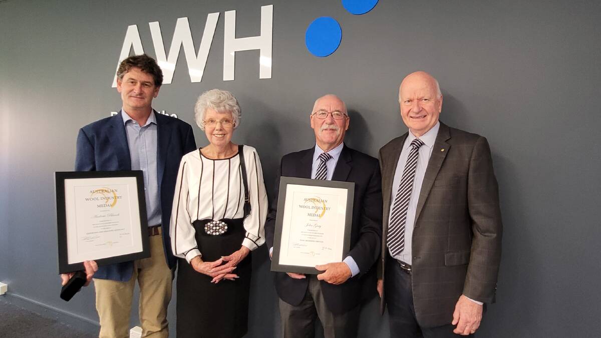 Australian Wool Industry Medal 2020 recipients Andrew Blanch (NSW) (left) and John Gray (NSW) (third from left) with Marion Gray and previous 2017 Medal recipient Robert Ryan.