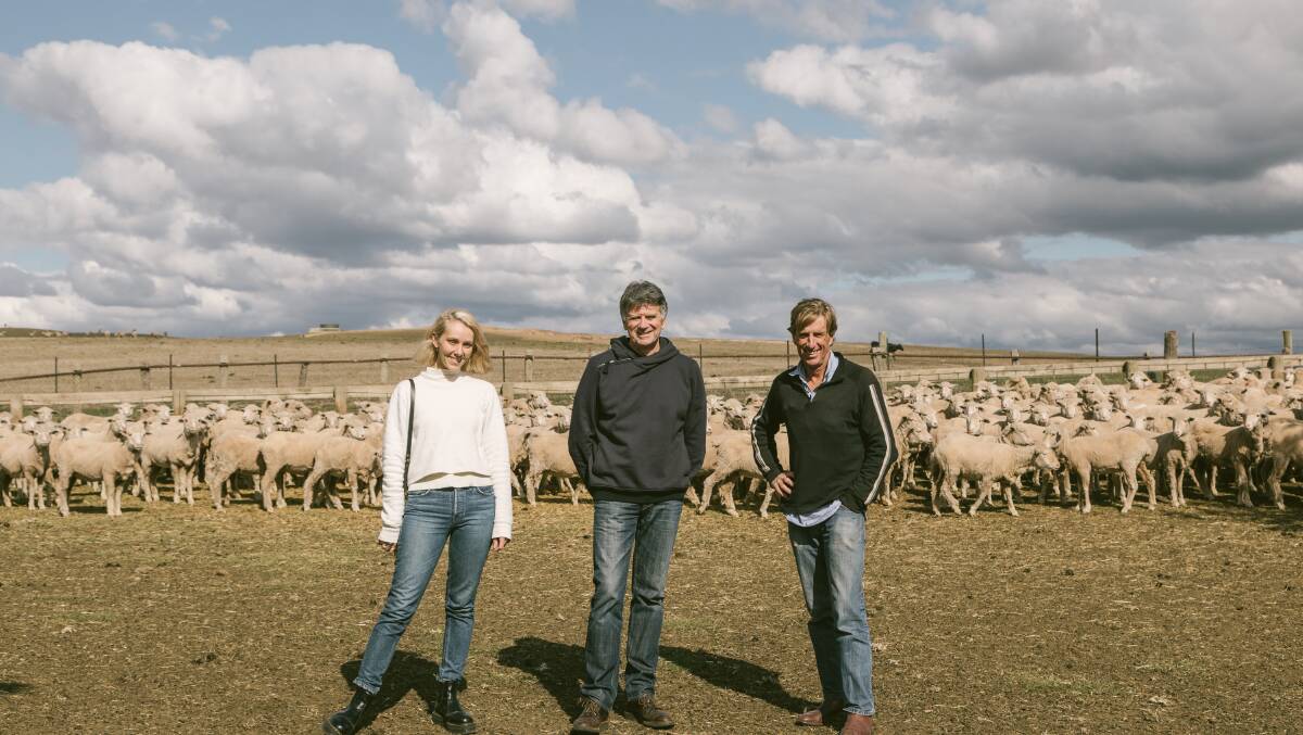 A.BCH label founder Courtney Holm, Stephen Morris-Moody from manufacturer MTK Australia and Delatite Station's Mark Ritchie are connected by wool sourced through Fox & Lillie's Genesys program.