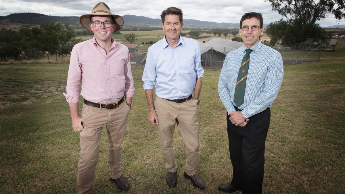 GROUNDBREAKING: Agriculture Minister Adam Marshall, Tamworth MP Kevin Anderson and Farrer principal Clint Gallagher. Photo: Peter Hardin 