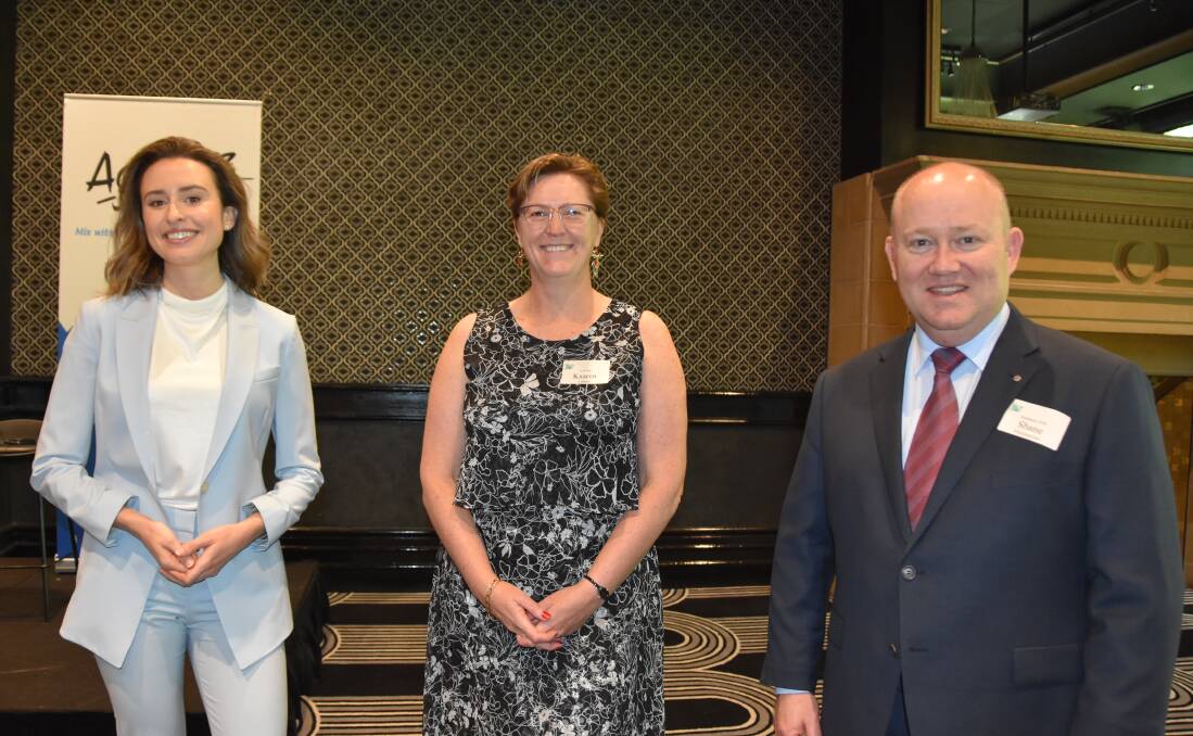 ABC's Nadia Daly, NSW Farm Writers' president Kaaren Latham and NSW Resilience Commissioner Shane Fitzsimmons.
