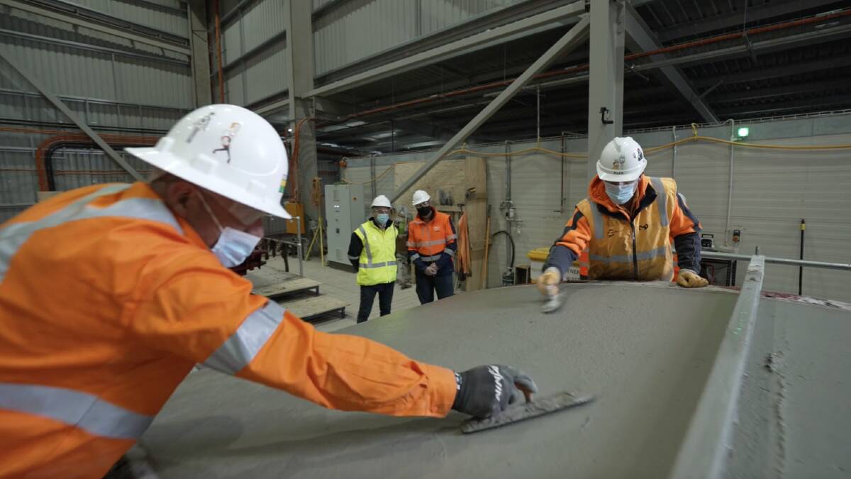 Smooth going. A segment is finished off at the Cooma tunnel segment factory that has started production for the massive number of concrete segmentss that will line 27km of tunnel in the pumped hydro scheme.