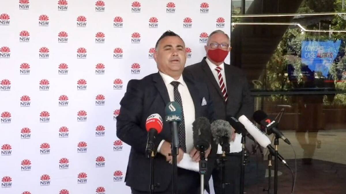 Deputy Premier John Barilaro is now in isolation following contact with a positive COVID case - his own Nats colleague and Ag Minister colleague Adam Marshall. He is shown speaking at a press conference earlier this year with Health Minister Brad Hazzard. The Government today issued stay-at-home orders for much of Sydney's CBD and eastern suburbs.