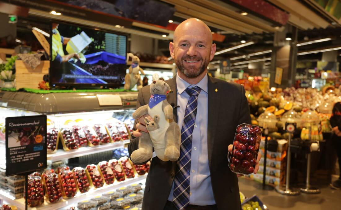 NSW Primary Industries Minister Niall Blair was on hand to see NSW cherries on the shelf in Guangzhou during his trade mission to China and Vietnam.