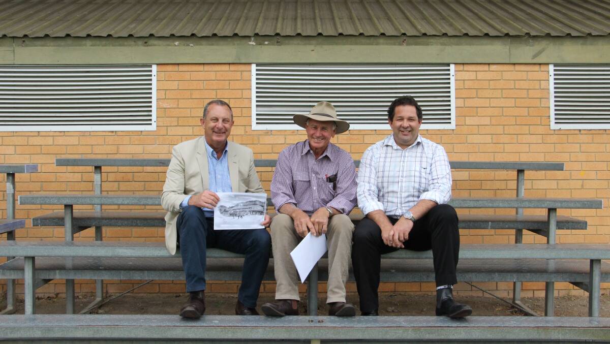 In happier times in 2018. Former Nationals Upper Hunter member Michael Johnsen, with former Gloucester Shire Council mayor John Rosenbaum and MidCoast Council's Daniel Aldridge on the day Mr Johnsen announced $655,500 in funding for an upgrade of the grandstand at Bert Gallagher Oval in Gloucester.