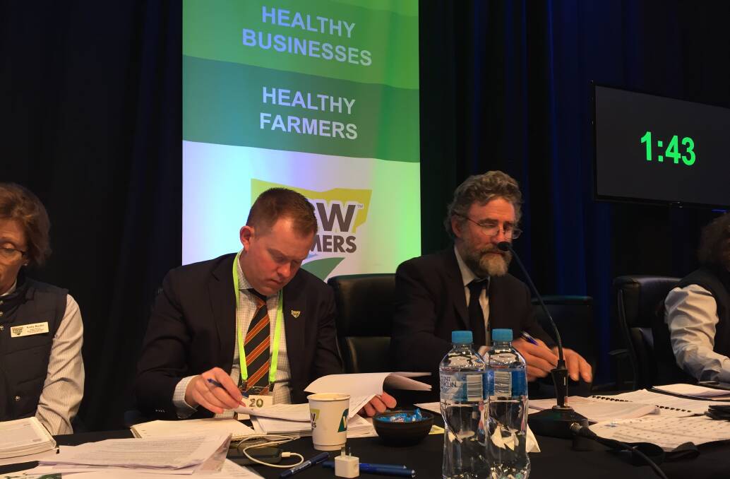 Deep in conference motions are Farmers ceo Peter Arkle and president James Jackson as the NSW Farmers 2019 conference gets underway in Sydney at Milson's Point.