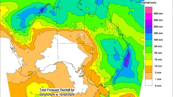 A BOM computer model suggests large rain totals over the next eight days.
