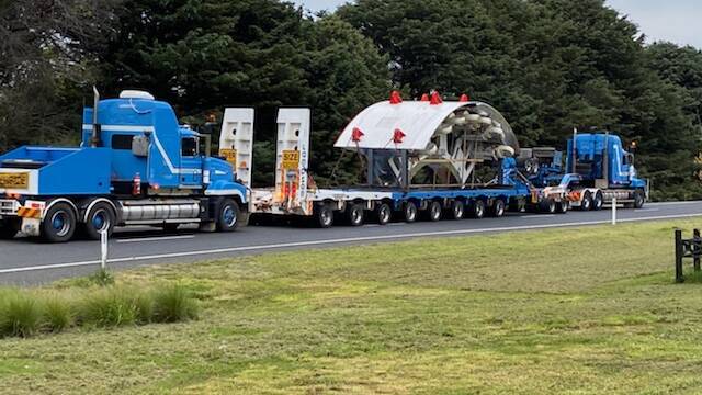 One of the huge tunnel boring machine sections passes through Adaminaby on Thursday morning. Photo by Andrew Smith, Snow Goose Hotel.