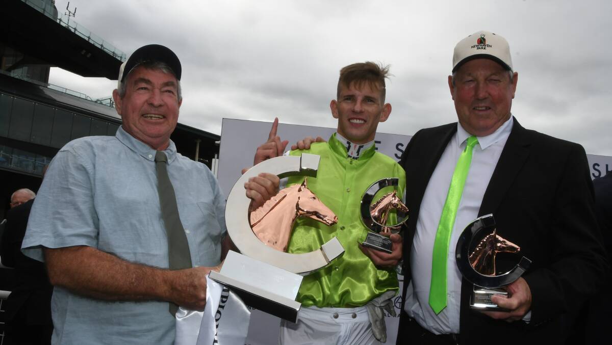 Part-owner Gary Price, hoop Nick Heywood, and trainer Gary Colvin after the win of Another One in Country Championship Final. Photo Virginia Harvey. 