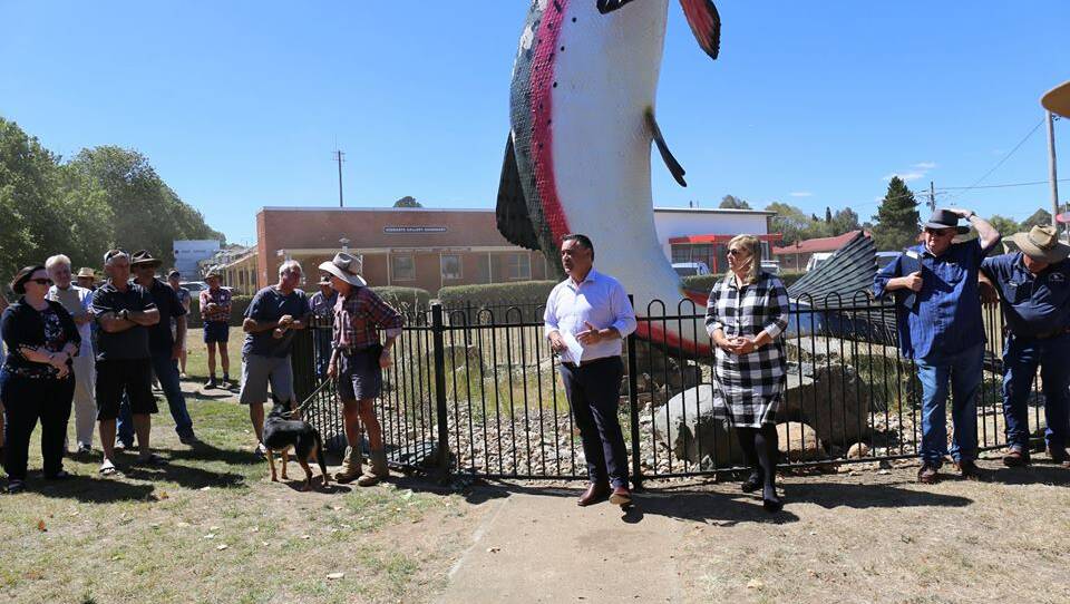 Mr Barilaro under the Big trout announces the sealing of Bobeyan road, the back road from Adaminaby to Canberra.