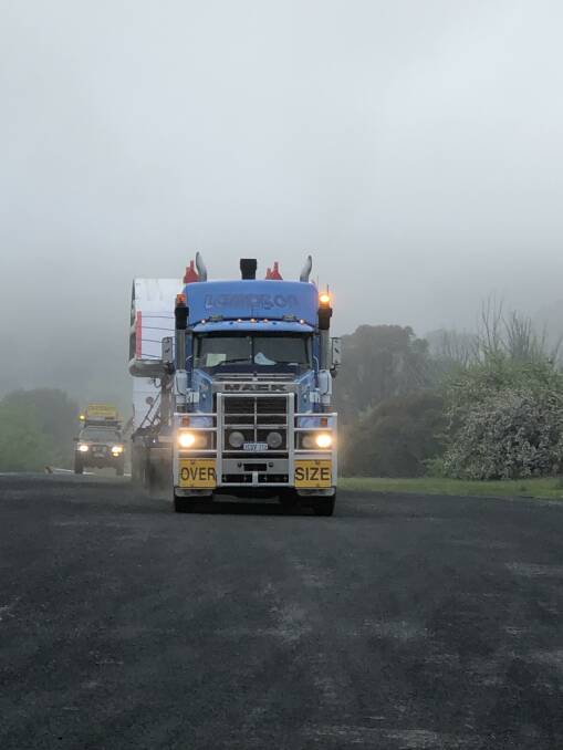 Big rigs carry the tunnelling parts near Adaminaby on their way to Lobs Hole. Photo Snowy Hydro.