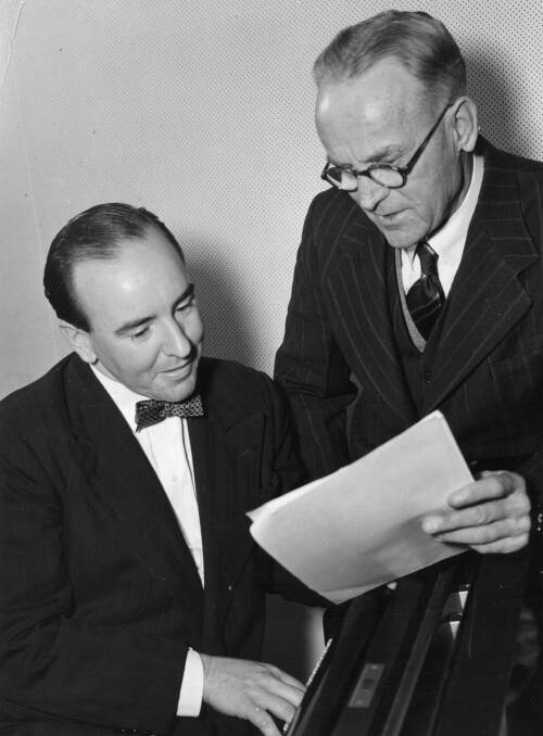 The first Country Hour presenter Dick Sneddon at right talks with pianist Dudley Stapleton. The Country Hour started on ABC Radio in 1945 and is believed to be the longest running radio program in the world.