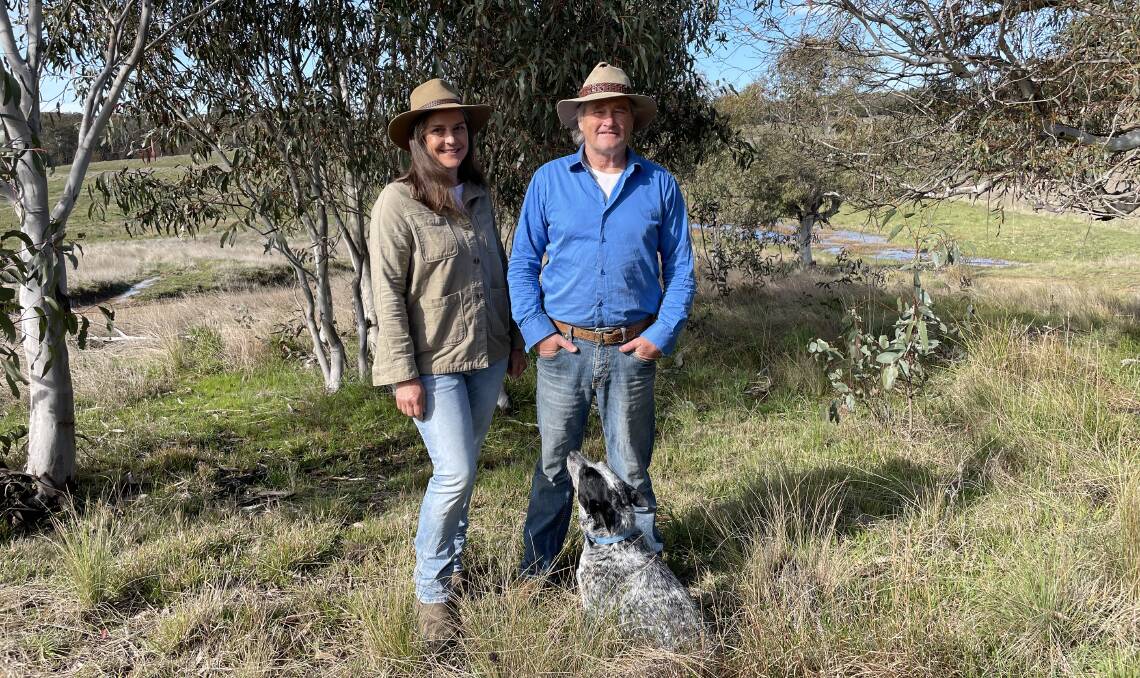 Martina Shelley and Tom Gordon from Bungendore have secured a Biodiversity Conservation Trust agreement to protect snow gum woodlands and earn some yearly income. Pictured with Pepper their dog.