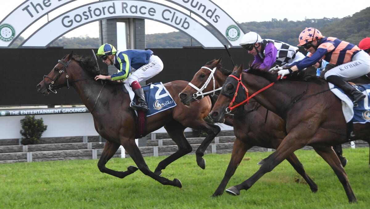 Brandenburg ridden by Regan Bayliss wins the inaugural running of The Coast, from Nudge (Kerrin McEvoy) middle, and Brutality (Kathy OHara) right, at Gosford last Saturday. Photo Virginia Harvey. 