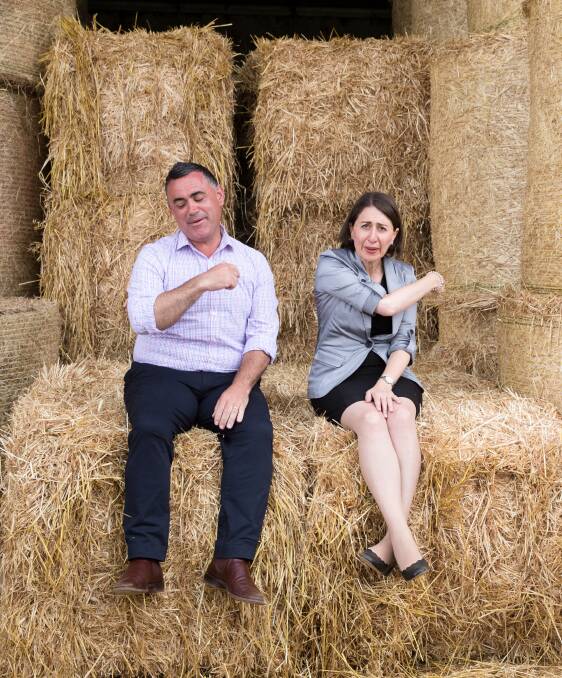 John Barilaro and Premier Gladys Berejiklian in Lismore on the hay bale trail trying to shore-up rural votes. 