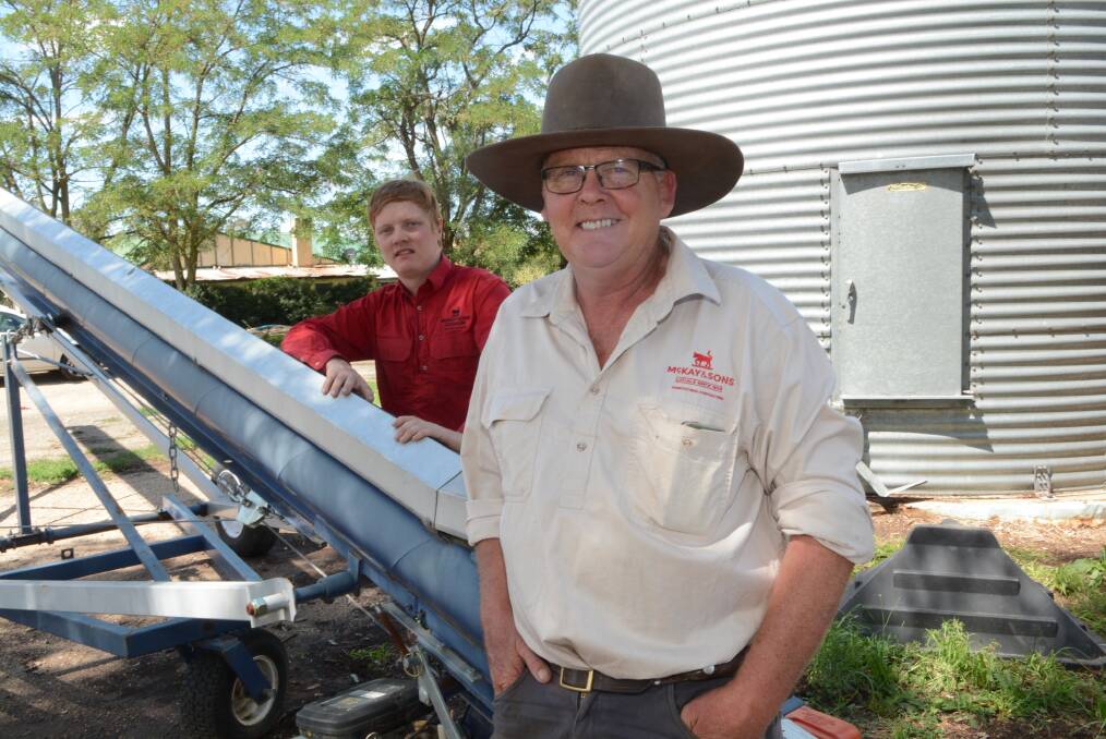 Evans Plains farmer David McKay and his son Hugh, "Royden". Mr McKay put in his application in for a fodder freight subsidy in August  and was told last week it will come through in 10 days. Photo by Phill Murray.