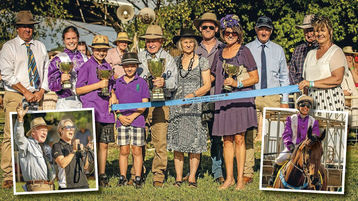 Part owner Bernie Kearins celebrates Caszar's win for late owner Sam Glasgow. Jockey Emily Waters on Caszar, inset right, with connections and sponsors behind after the win at Tullibigeal Picnic races. Photos: Janian McMillan