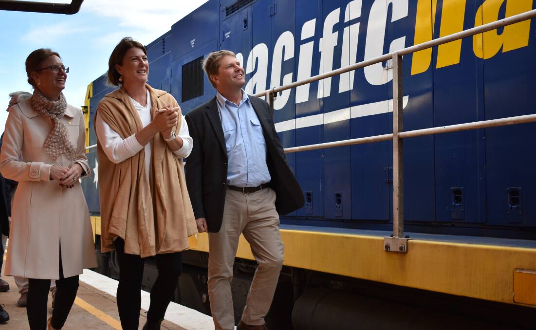The member for Cootamundra, Steph Cooke, NSW Freight Minister Melinda Pavey and Murray MP Austin Evans in Leeton for the rail announcement.