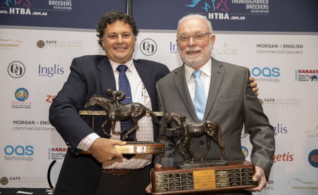 Hunter Valley thoroughbred industry stalwarts Wayne Bedggood and Dr John Freestone were honoured with major industry awards by the Hunter Thoroughbred Breeders Association. Photo supplied. 