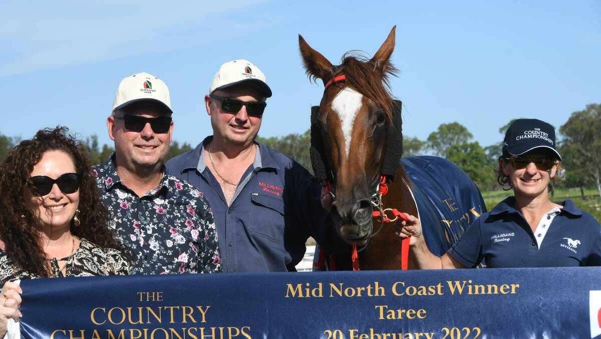 Swamp Nation with part-owners Nicole and Graham Killen, and trainer Glen Milligan and wife Vicky Milligan after winning the Country Qualifier at Taree last Sunday. 