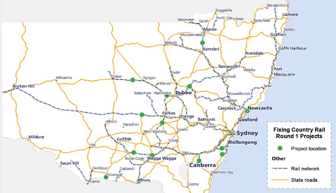  A map showing where the new rail works will be conducted to improve rail freight movements in NSW. The largest investment will be on the Griffith to Junee rail line.