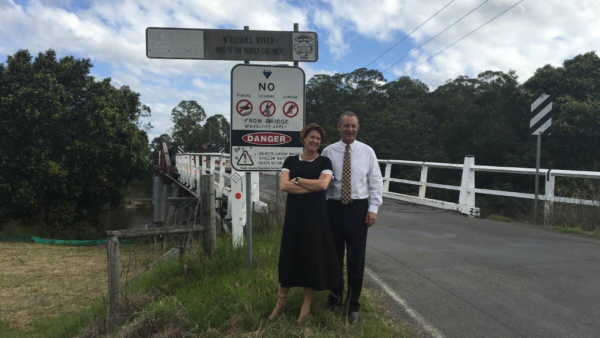  One down, 28 to go. Roads Minister Melinda Pavey with Upper Hunter MP Michael Johnsen at the oldest truss bridge in NSW, Brig O'Johnston Bridge at Clarence Town. The state put in $5.5m towards half the cost for a new bridge.