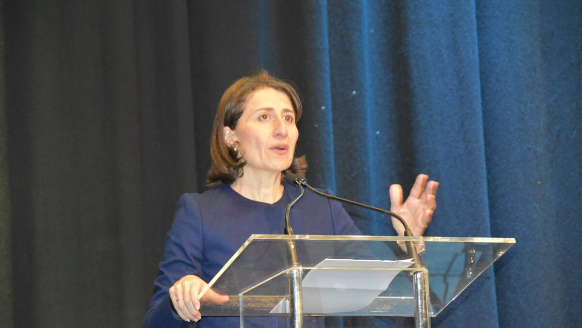 NSW Premier Gladys Berejiklian addresses the 2018 NSW Farmers conference at Luna Park in Sydney today. Picture by Alex Druce.