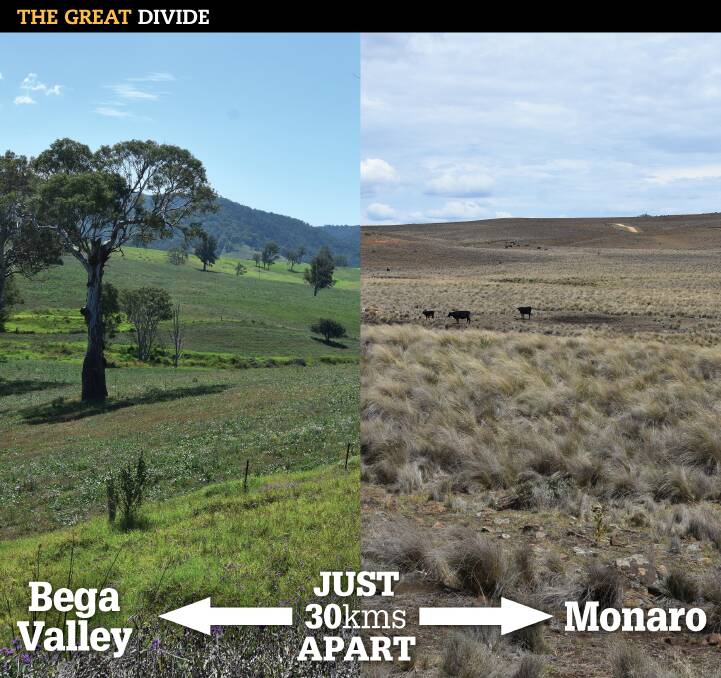 This is the scene on the same day this week in southern NSW. A farm near Bemboka in the Bega Valley, at left, and a farm near Nimmitabel, at right, on the Monaro Plains.