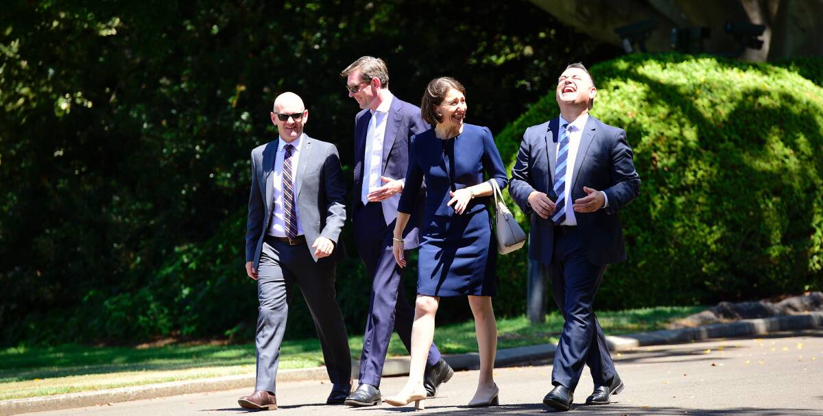 On the way in after the winning the last state election, now on the way out for the two (Berejiklian, Barilaro) on the right and one on far left previously (Blair). Second left (Perrottet) now in as Premier.