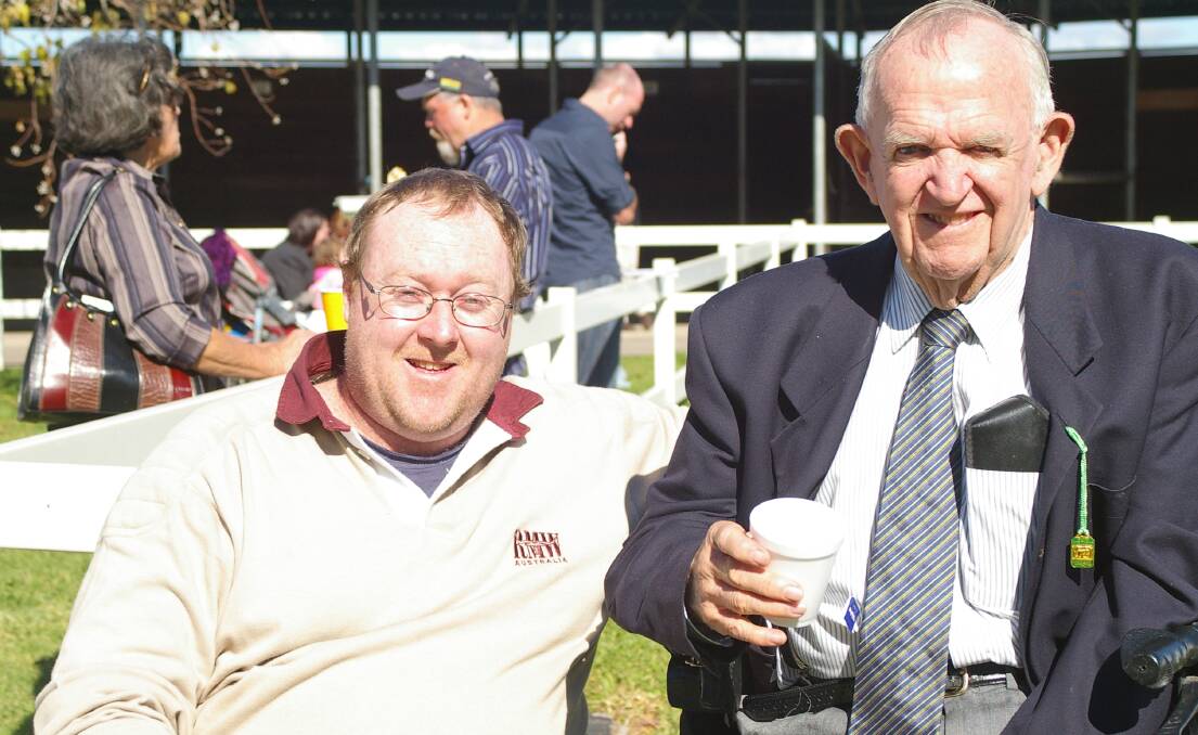 Ian Russell (also a racing journalist) and his Dad Brian at the Scone Cup races in 2008. Photo Virginia Harvey..