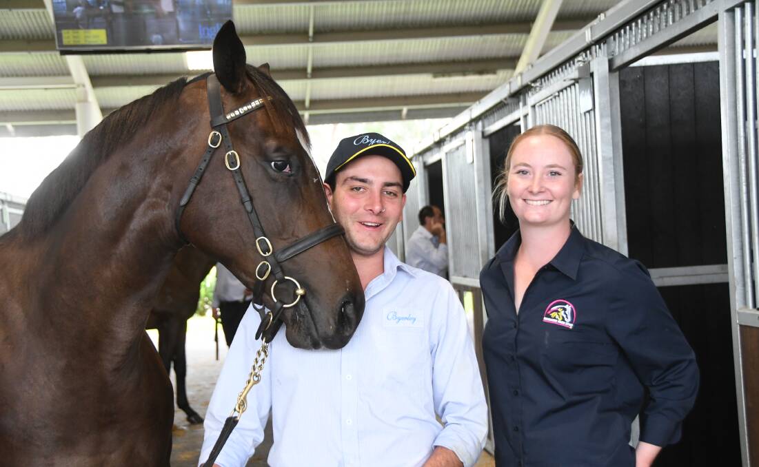  Ready to go to the sale-ring, a colt by Churchill, from Dixie Chick, with Nick Hawcroft of Byerley Stud, and Brianna Thompson of Bendaree Park Stud, which fetched $180,000 on the final day of Inglis Classic Yearling Sale last week. 