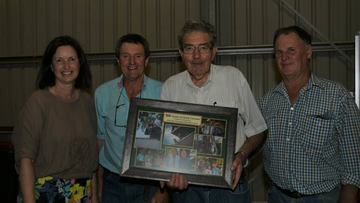 A mammoth event and mammoth career. Col Hodges accepts a photo montage of his great calling of 50 years of Condobolin races. Flanked by picnic club's Joy and James Gibson and Mark Ward. Photos by Virginia Harvey.