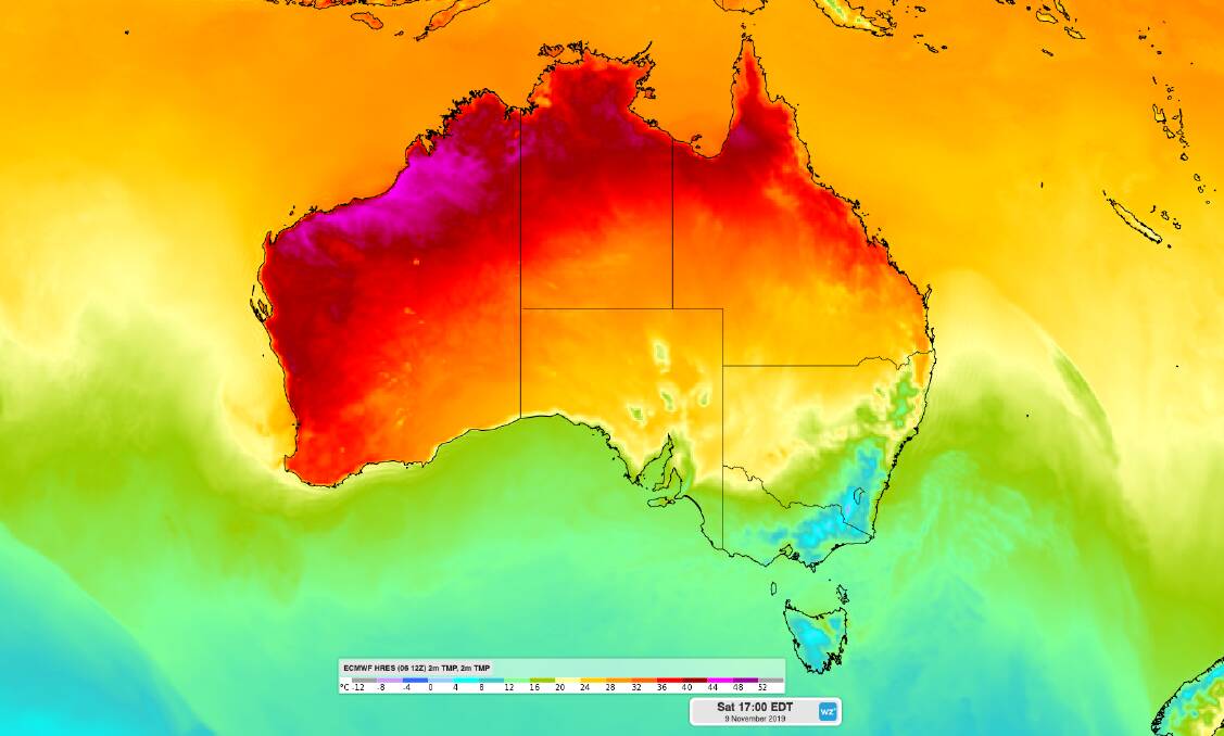 A graph of surface temperatures this Saturday with heat in the Pilbara, and polar blast down south.
