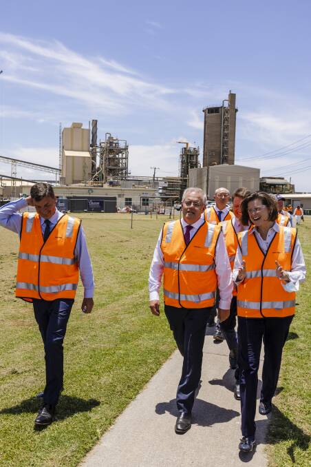 Energy Minister Angus Taylor and Prime Minister Scott Morrison touring the Gibson Island plant with Incitec Pivot Limited managing director and CEO Jeanne Johns.