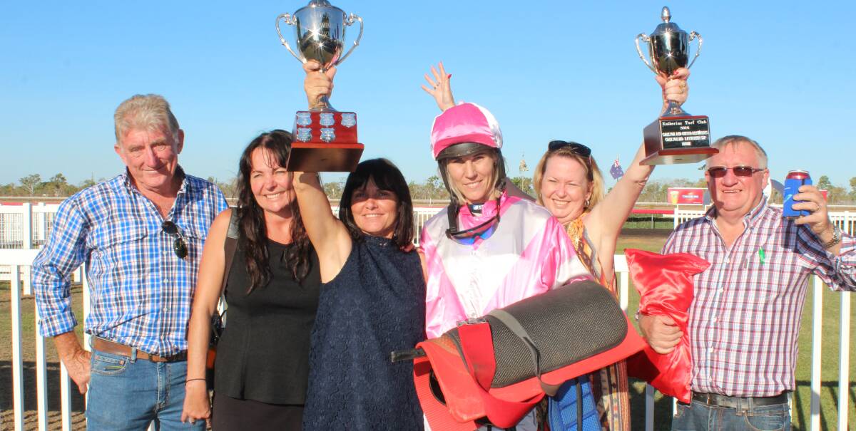 WINNERS: Owner Gordon Simmons, trainer Kerry Petrick, stablehand and Owner Ruth Murphy, jockey Felicia Bergstrand and owners Faye and Brooke Hartley. Photo: Eric Barker.