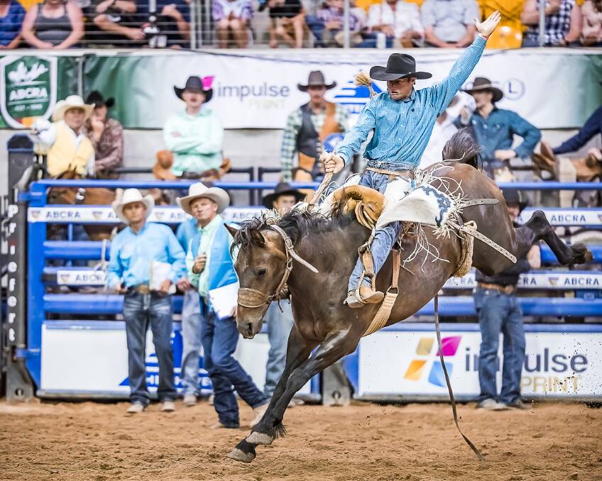 In his first National Finals for a few years, Luke Morgan was just pipped for the finals aggregate in the saddle bronc but did mark the highest score of the three rounds. Picture Stephen Mowbray
