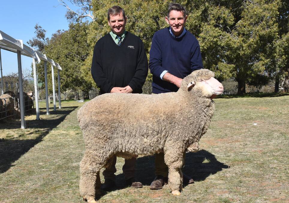 Rick Power of Landmark Stud Stock and Steve Phillips with the equal second top price ram, which was brought on behalf of Stan and Susan Hall, Mounte Verde, WA.