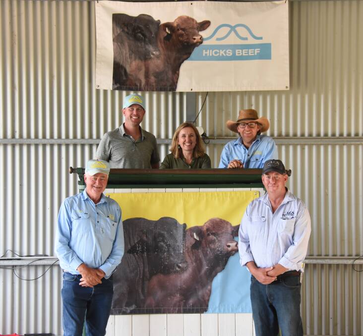 Guest speakers director of SimGenetics development, American Simmental Association, Luke Bowman, and director of science and international genetics solutions operations, Dr Jackie Atkins, with Hicks Beef stud principals Tom and Andrew Hicks, and Graham Winnell, Australian Genetic Solutions. 