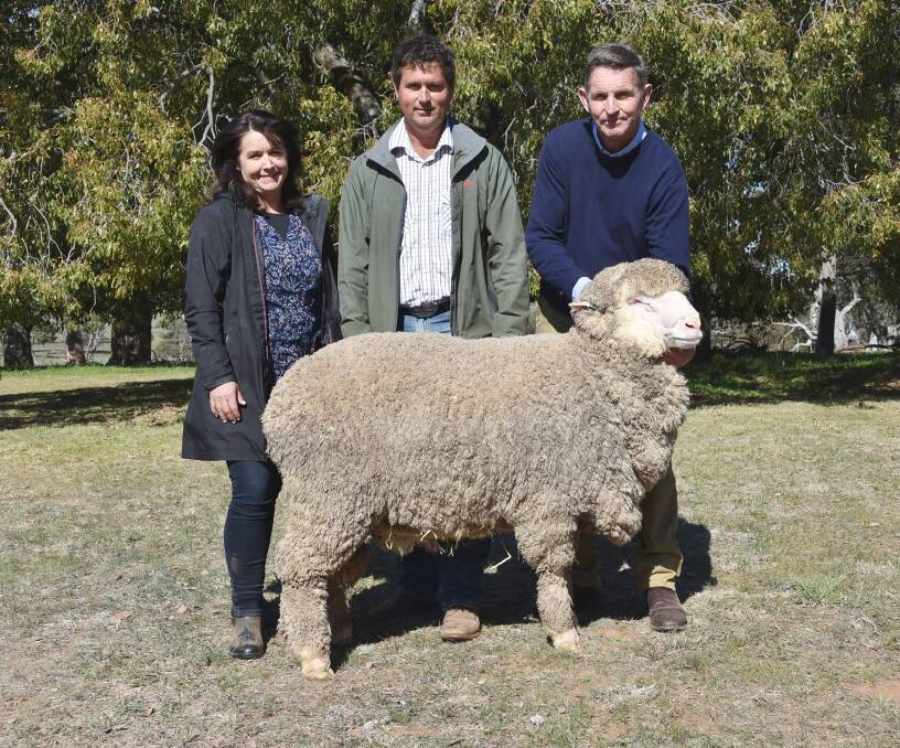 Sharon and Perry Corker, Hiview Merino stud, Boyub-Brook, WA, and Steve Phillips with the equal second top price ram.
