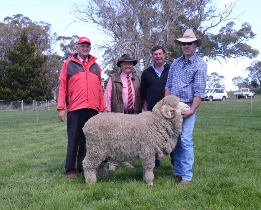 Andy McGeoch and Scott Thrift of Elders with buyer representative Damien Meaburn and vendor Simon King with the top price ram.