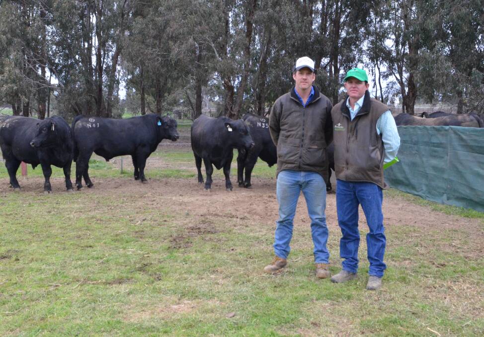 Volume buyer Bob Miller, Coolac Cattle Company, Coolac, with Dirk Ulett, Rennylea Angus, Culcairn.