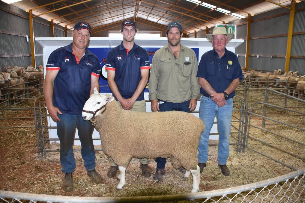Rob and Blake Harper, Cadell Border Leicesters, with Chris and Greg Doherty, Tulagi Border Leicester stud, Deniliquin, and the $15,000 top-priced ram. 
