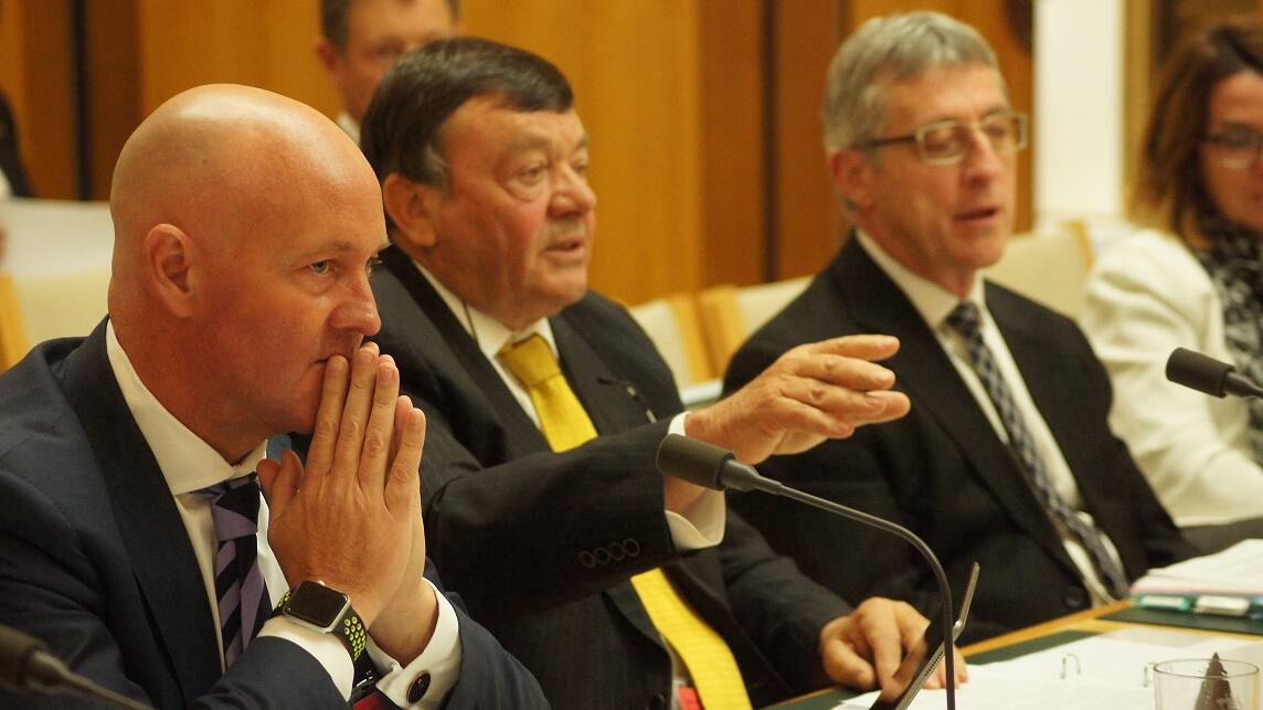 Australian Wool Innovation chief executive Stuart McCullough and chairman Wal Merriman during Senate Estimates in Canberra last year. They both attended another hearing on Tuesday.