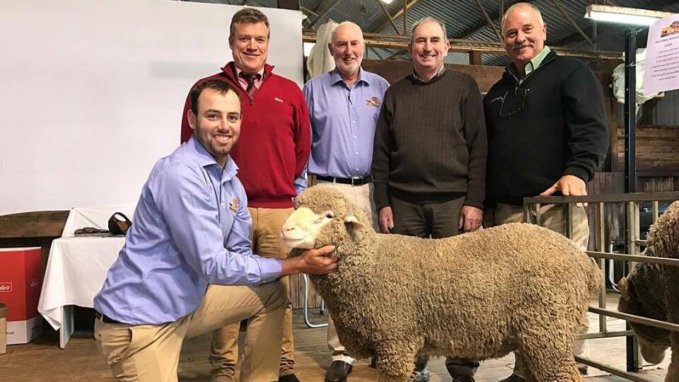Kurra-Wirra farm manager Anthony Close, with Andrew Howells, Elders, managing director Robert Close, top-priced buyer Laurie Close, 'Clarkes Lake Trading', Apsley, and Kevin Beaton, Landmark.