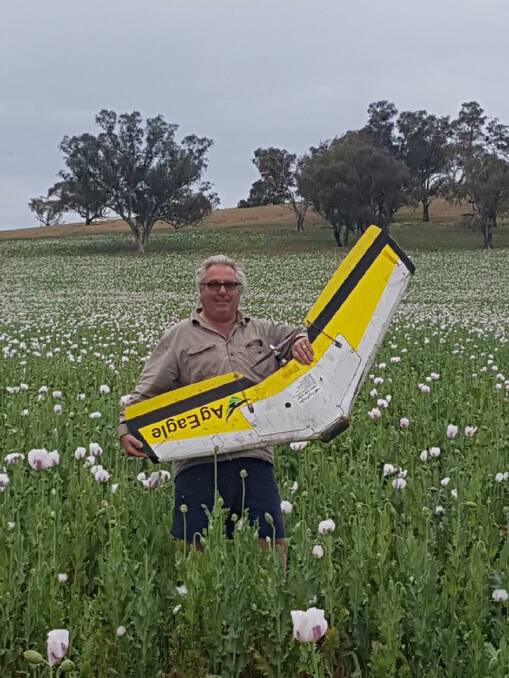 David Forsyth on his Cootamundra farm with a TPI Enterprises drone for crop mapping. Picture: Contributed