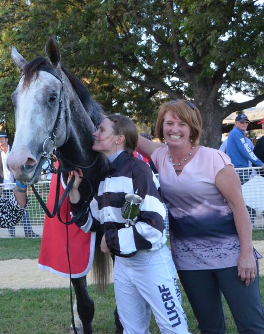 Winner Chrysolaus with winning jockey Rachael Murray, Hawkesbury and Bendemeer trainer Jane Clement celebrated after the $80,000 Carlton Mid Tamworth Cup win. 