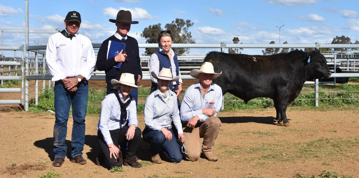 Dual top price Hazeldean P506 with agent Miles Archdale, Nutrien, vendor Jim Litchfield, new owner Sarah Day, Pitcalnie, Walcha, vendor Libby Litchfield, vendor Bea Bradley Litchfield and vendor Ed Bradley.